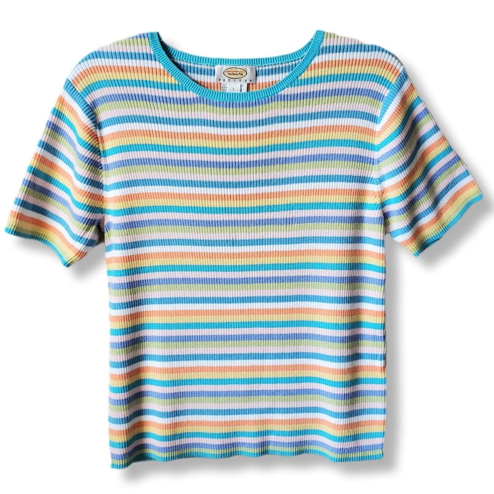 90s Y2K Women Candy Stripe Ribbed Short Sleeve Sweater Top L Twee Normcore